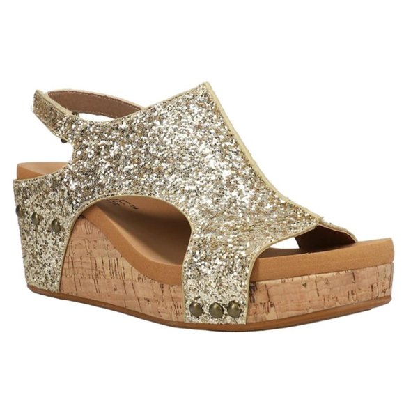 CORKYS Carley Glitter Peep Toe Wedge Sandals Gold 7-11 NWT - Picture 2 of 5
